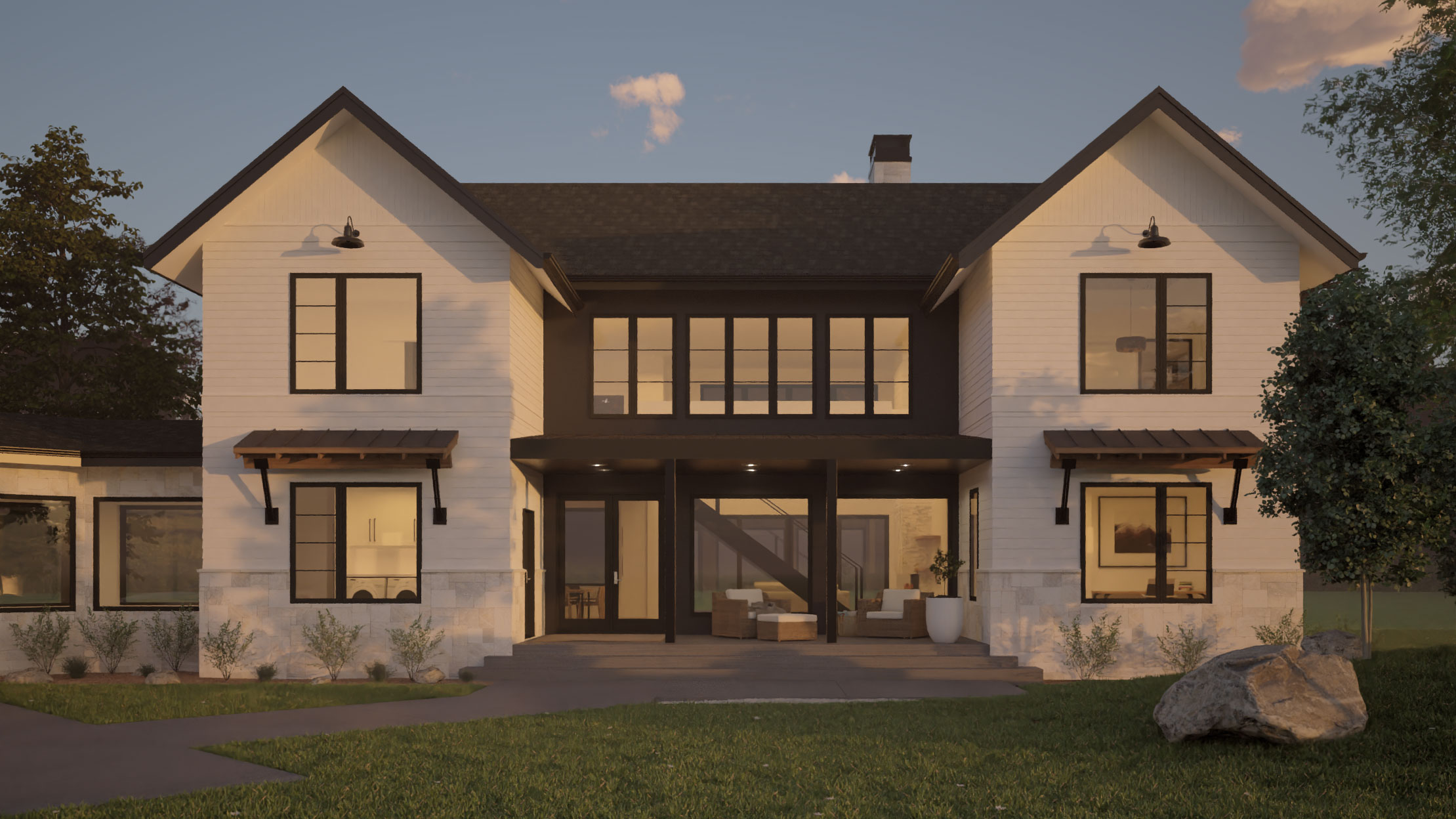 modern-farmhouse-exterior-perpective-foxtail-plan-co 3D Rendering of the exterior of a modern farmhouse home design from Foxtail Plan Co.